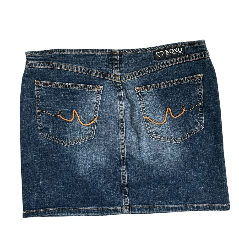Y2K Xoxo Low Rise Exposed Zipper Dark Wash Faded Denim Mini Skirt Size 5/6 JR